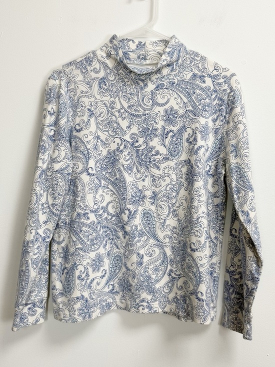 Lands' End Tops - Lands End Mock Neck Top Womens Medium Blue White Long Sleeve Cotton